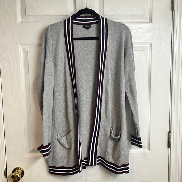 Halogen Gray Varsity Stripe Open Cardigan Duster Pockets Women's Size 1 (14/16) - Picture 1 of 10
